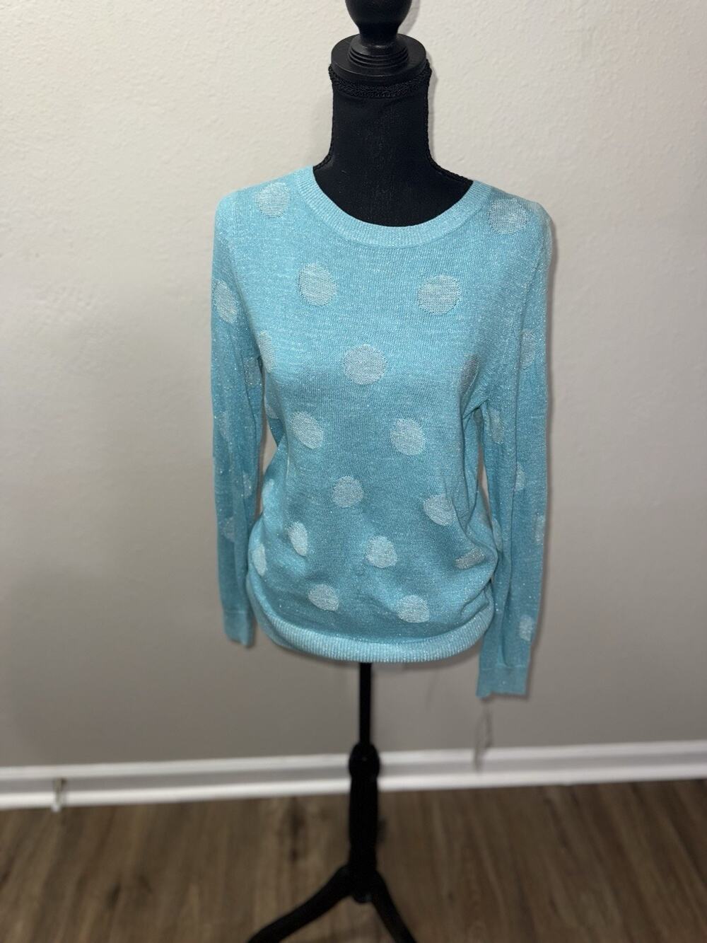 NWT Liz Claiborne Sweater Womens Petite PM Medium Blue Turquoise Polka Dot Knit